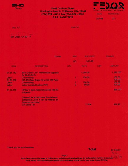 Red invoice from SHO Shop for auto parts and labor, dated 3/27/98