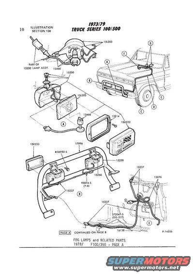 Diagram showing fog lamps and related parts for 1973-79 Ford truck series 100/500