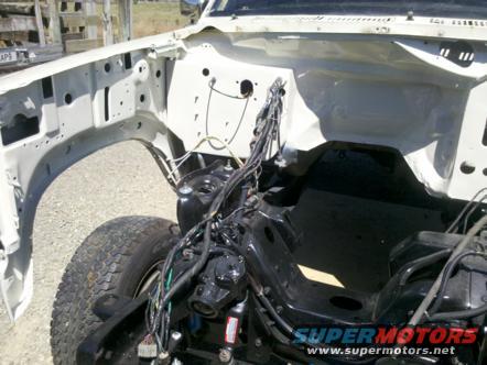 1982 Ford Bronco engine bay, showing wiring and frame