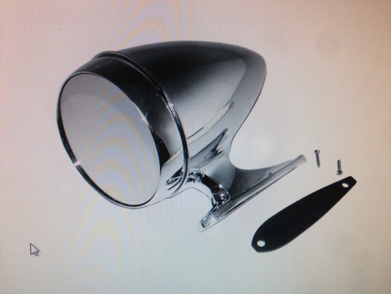 Chrome side mirror with a teardrop-shaped housing and a mounting bracket, next to two screws and a black gasket
