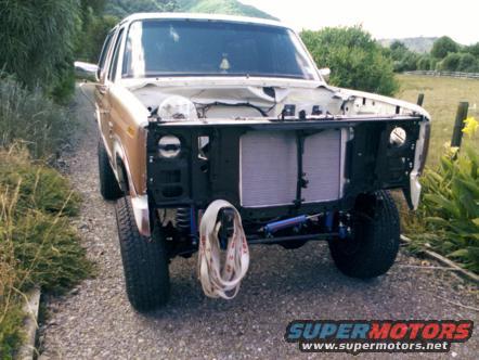 1982 Ford Bronco front view, hood removed, white and tan