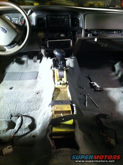2007 Ford Crown Victoria interior showing removed center console and carpet