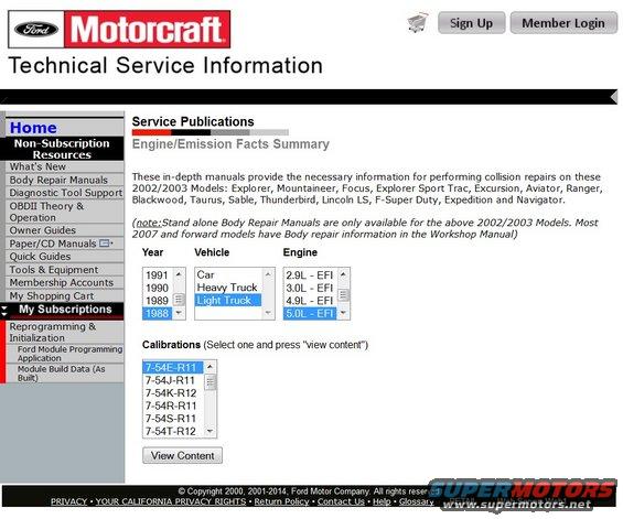 Ford Motorcraft Technical Service Information page showing engine/emission facts summary with vehicle year and engine options