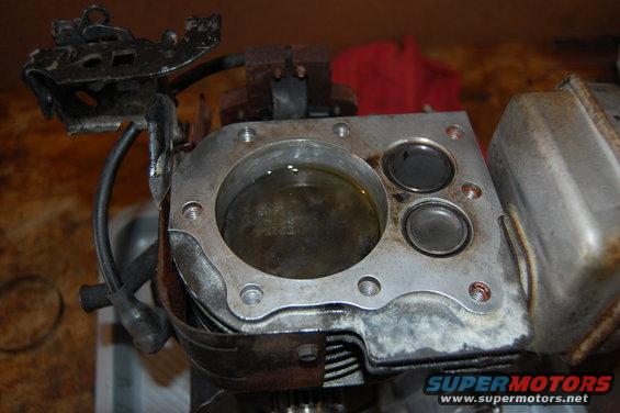 Engine cylinder head with two valves visible, filled with oil