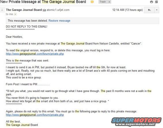 Email about a deleted private message on The Garage Journal Board