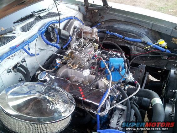 Engine bay with chrome air cleaner, carburetor, and blue wiring loom