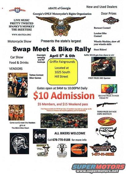 Advertisement for ABATE of Georgia's Swap Meet & Bike Rally on April 5th & 6th at Griffin Fairgrounds, with $10 admission
