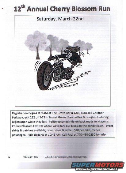 Cartoon of a biker on a motorcycle with trees in the background. Text announces the 12th Annual Cherry Blossom Run