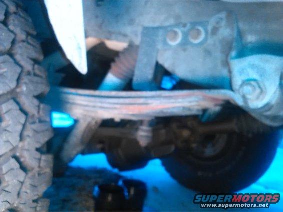 Undercarriage view of a vehicle's leaf spring suspension and tire