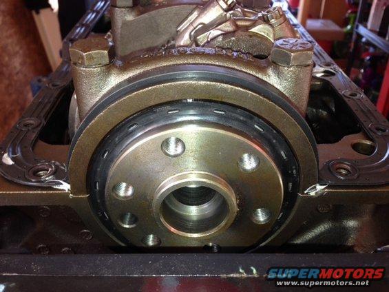 Engine block with crankshaft seal and front cover gasket installed