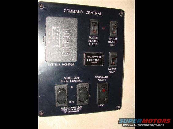 RV control panel with switches for water heater, water pump, generator start, and slide-out room control