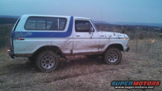 White and blue Ford Bronco parked on a grassy hill