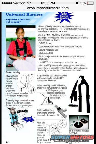 Document page with text and diagrams about a universal harness, including a photo of a child wearing one