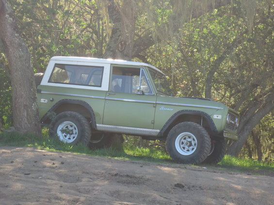 Green 1970s Ford Bronco with white top, side view
