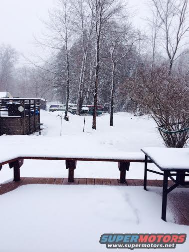 Snowy backyard scene with several vehicles parked in the distance