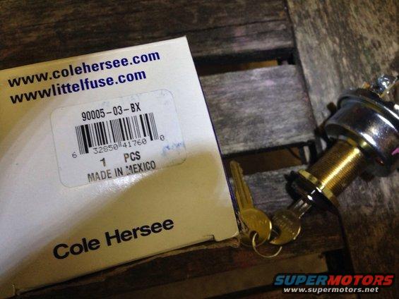 Ignition switch with two keys next to a Cole Hersee box with part number 90005-03-BX