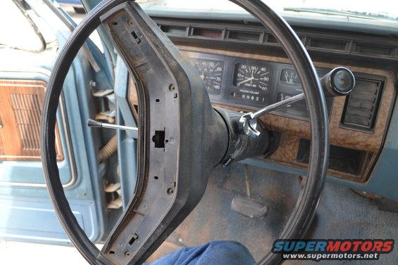 Interior shot of a truck's dashboard with a steering wheel and gauges. The 1981 Ford F-250 label is inaccurate