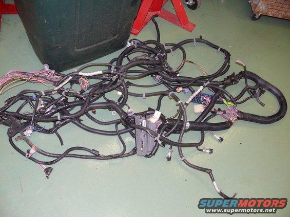 Tangled mess of black automotive wiring with colorful wires and connectors