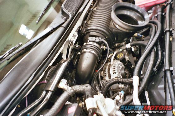 Engine bay with large air intake tube and alternator