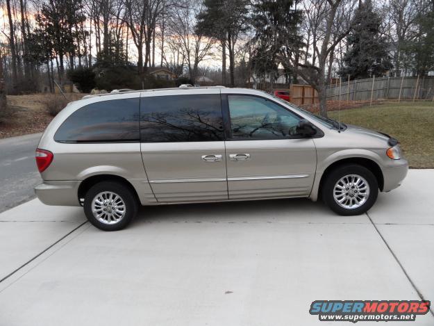 Tan minivan parked on a concrete driveway with trees and a house in the background