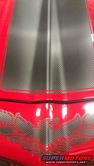 1972 Pontiac Trans Am hood with red paint and carbon fiber decal stripe and bird graphic