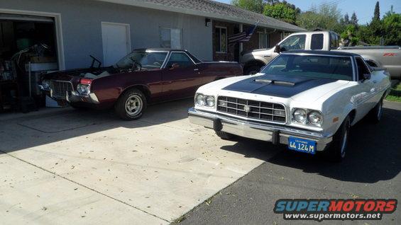 White 1972 Ford Ranchero with black hood and California plates
