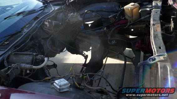 Engine bay of a car with the hood open, showing the engine and various hoses and wires