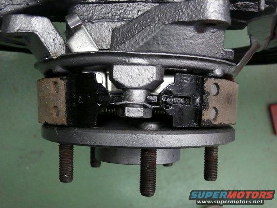 close-up of car brake drum assembly with brake shoes