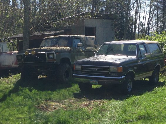Two Ford Broncos parked in a grassy area with a shed in the background. The one in front is dark colored, the one behind is olive green and looks older