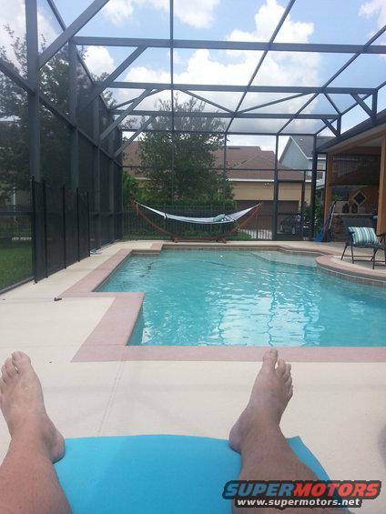 Pool scene with hammock and lounge chair under screened enclosure