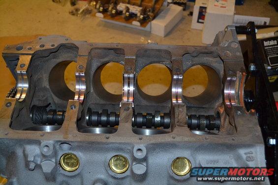 Engine block with camshafts and bearing caps installed