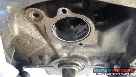Engine block with water pump housing and visible impeller blades