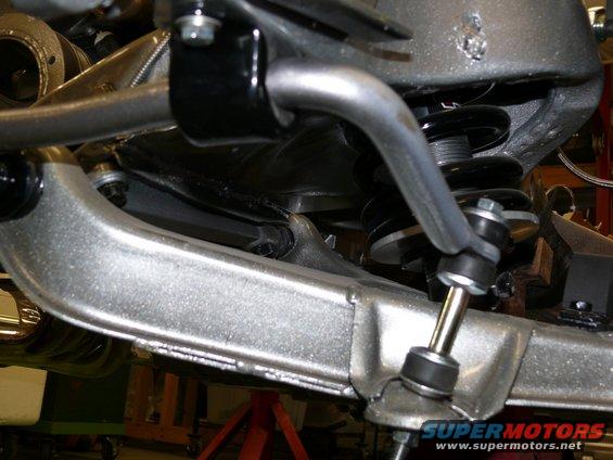 Close-up of a car's front suspension sway bar and linkage