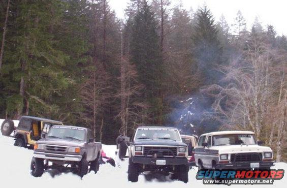 Several trucks and a Jeep are parked in the snow near a forest. One truck has a sticker on the windshield