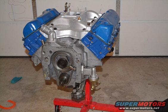 Ford V8 engine on a stand, blue valve covers, timing chain visible