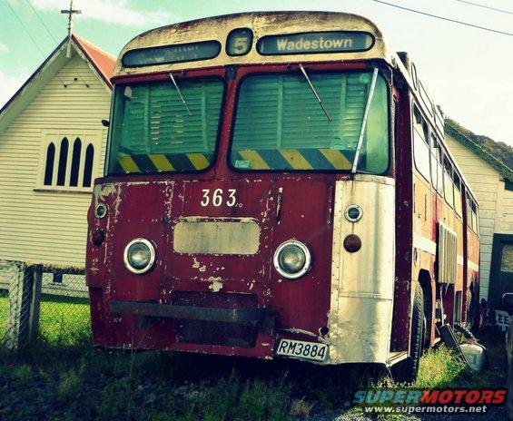 Front view of a weathered red bus with a "5 Wadestown" sign above the windshield and license plate RM3884