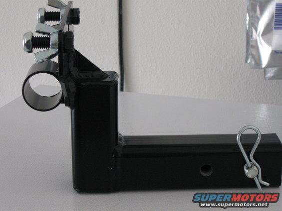 Black metal mount with bolts and wing nuts, attaches to a hitch receiver