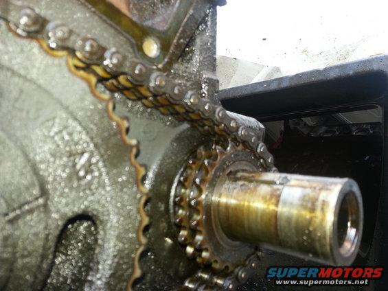 Close-up of engine timing chain and gears with oil residue