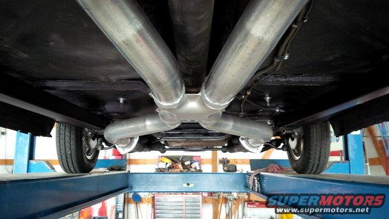 Underside view of a dual exhaust system on a vehicle