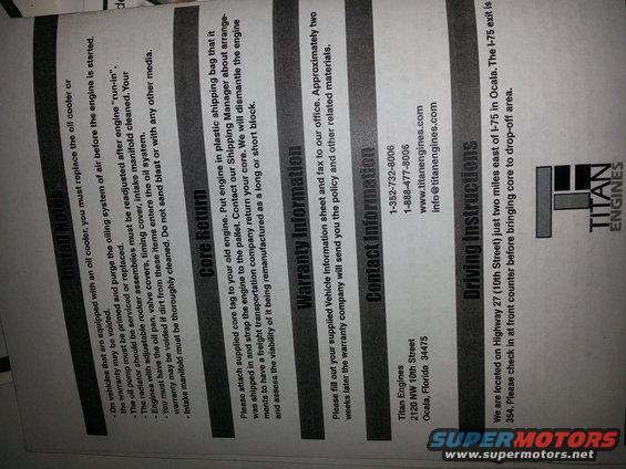 Document with installation, core return, warranty, contact, and driving instructions for Titan Engines