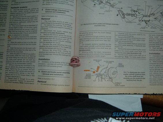 Repair manual page with diagrams and text about clutch linkage and clutch/brake pedal assembly