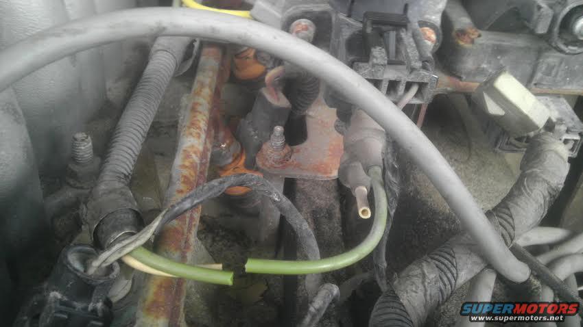 Close-up of engine wiring and fuel lines, some showing rust