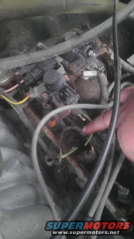 Close-up of engine wiring and components with a hand pointing to a wire
