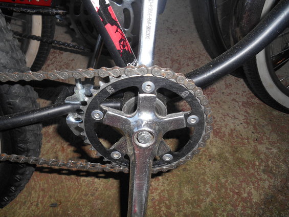Bicycle crankset with black chainring and chrome crank arm
