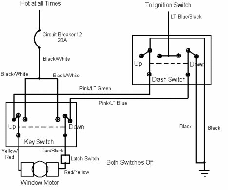 Wiring diagram for a window motor with key and dash switches, circuit breaker, and ground