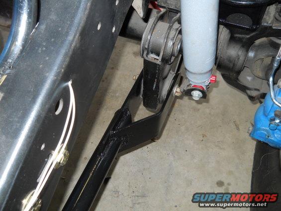 Close-up of a black suspension arm and shock absorber