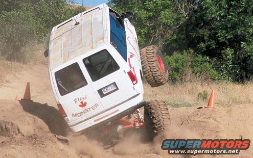 White van with large off-road tires tilted on its side on a dirt track, orange cones visible