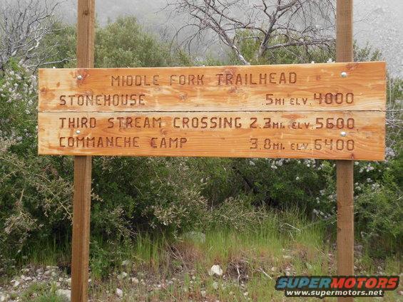 Wooden trail sign for Middle Fork Trailhead with destinations and elevations