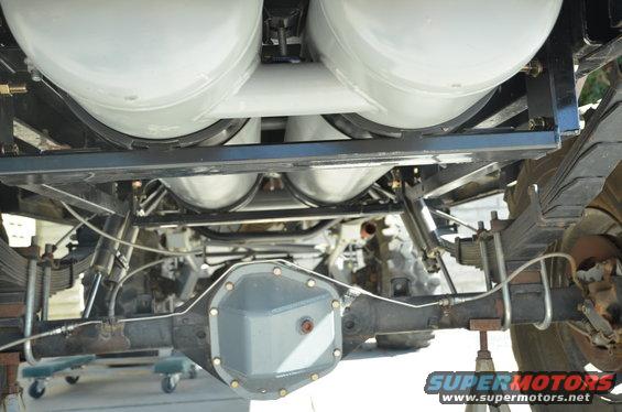 Undercarriage view of propane tanks mounted above rear axle
