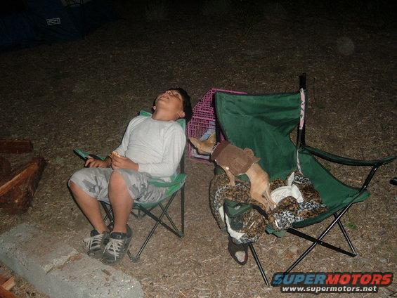 Kid in camping chair with food, dog in another chair with blanket
